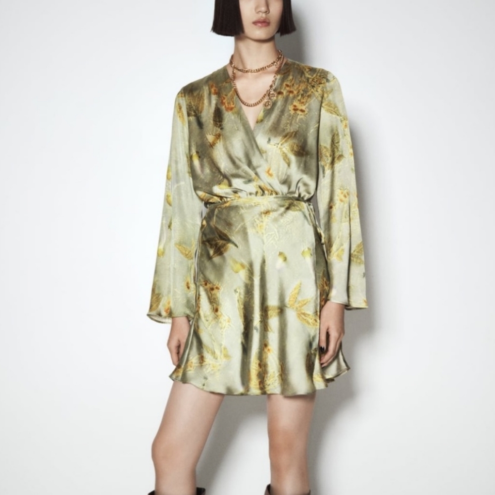 Zara Olive Green and Gold Satin Wrap Dress